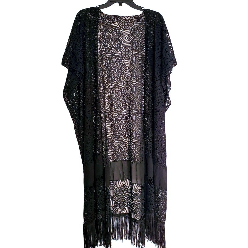 Black Lace Fringe Kimono Cardigan Duster Boho Festival Cover Up One Size